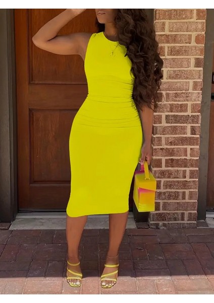 Kadın Bodycon Midi Boy Dalgıç Elbise L-Xl-Sarı fiyatları