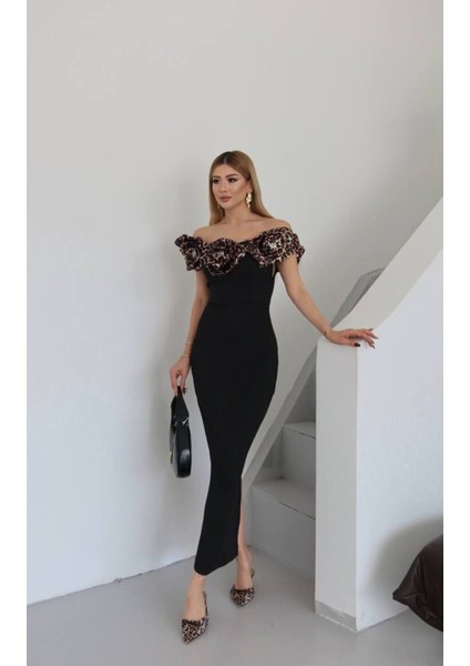Gül Aplikeli Midi Abiye Elbise fiyatları