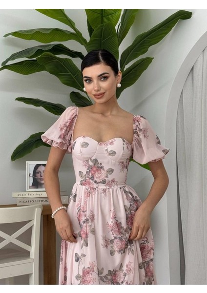 Caso Midi Elbise S-Çi̇çek Desen Pembe