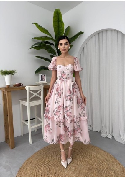 Caso Midi Elbise S-Çi̇çek Desen Pembe fırsatları