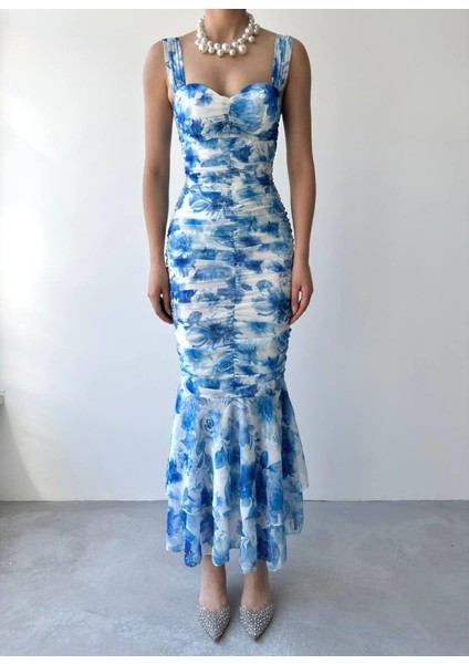 Peran Büzgülü Elbise S-Çi̇çek Desen Mavi̇ fiyatları