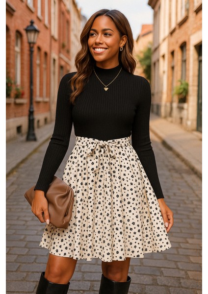 Kadın Uzun Kollu Balıkçı Yaka Belden Bağlamalı Üst Kaşkorse Eteği Dalgıç Kısa Elbise 2xl-3xl-Siyah