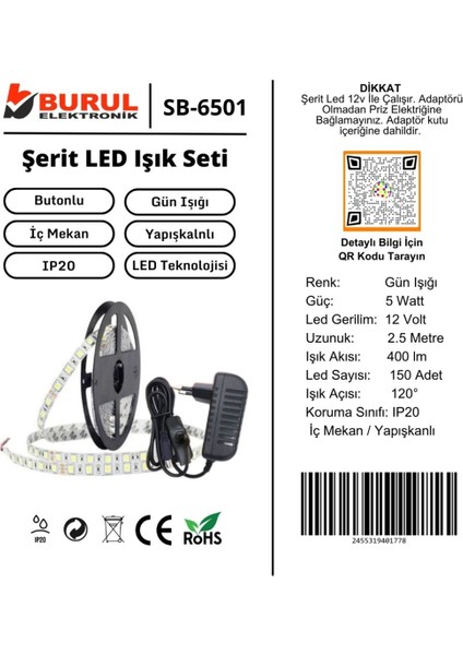 2.5 Metre Gün Işığı Şerit LED Işık Seti Butonlu Mutfak Tezgah Çalışma Masası Raf Işıkları SB-6556