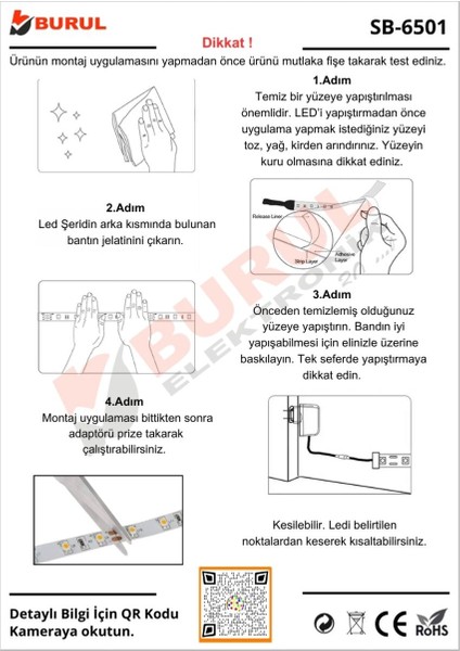 2.5 Metre Beyaz Şerit LED Işık Seti Butonlu Mutfak Tezgah Çalışma Masası Raf Işıkları SB-6556