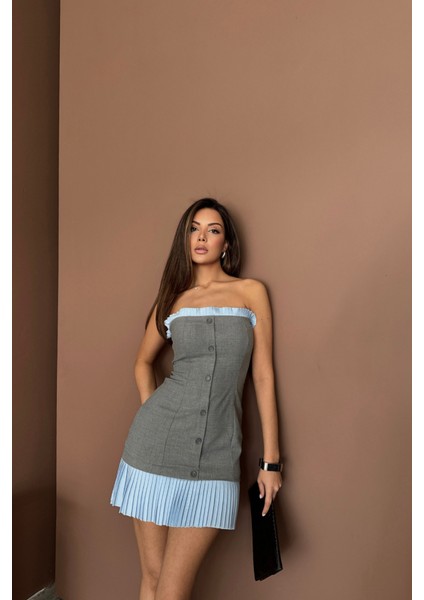 Straplez Polviskon Elbise Mavi Fırfır Detaylı - Gri M-Gri modelleri