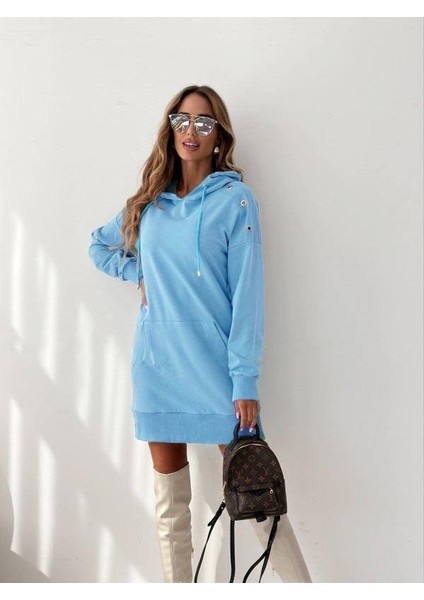 Kadın Kanguru Cep Kapüşonlu Iki Iplik Tunik Elbise Mavi-2xl-3xl