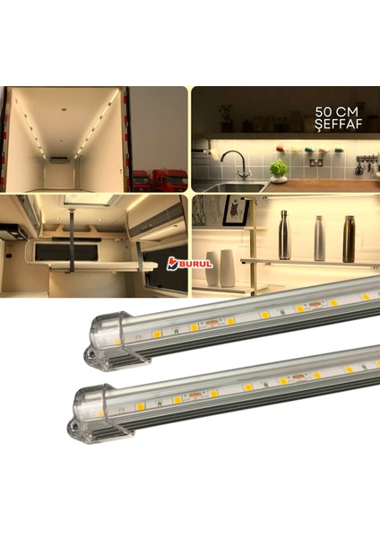 2 Adet Alüminyum Kasa Çubuk LED 12 Volt Gün Işığı 50 cm Şeffaf Karavan Tekne Otomobil SB-6550