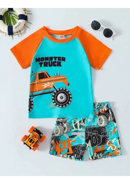 Erkek Çocuk Monster Truck Desenli 2’li Mayo Seti – Turuncu & Mavi