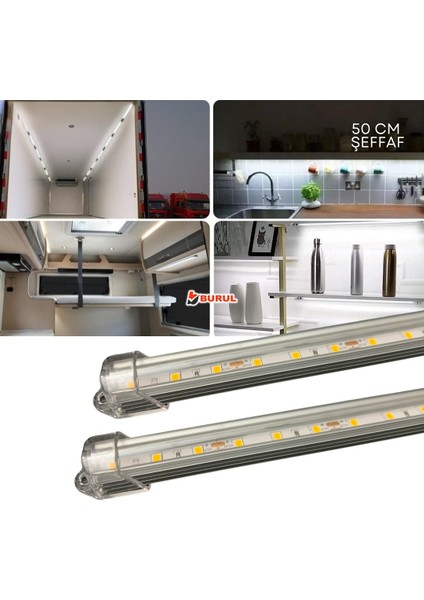 2 Adet Alüminyum Kasa Çubuk LED 12 Volt Beyaz Işık 50 cm Şeffaf Karavan Tekne Otomobil SB-6550