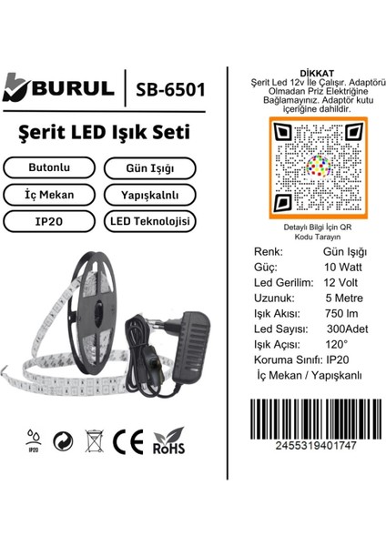 5 Metre Gün Işığı Şerit LED Işık Seti Butonlu Mutfak Tezgah Çalışma Masası Raf Işıkları SB-6556