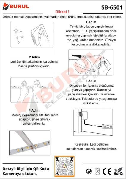 5 Metre Gün Işığı Şerit LED Işık Seti Butonlu Mutfak Tezgah Çalışma Masası Raf Işıkları SB-6556