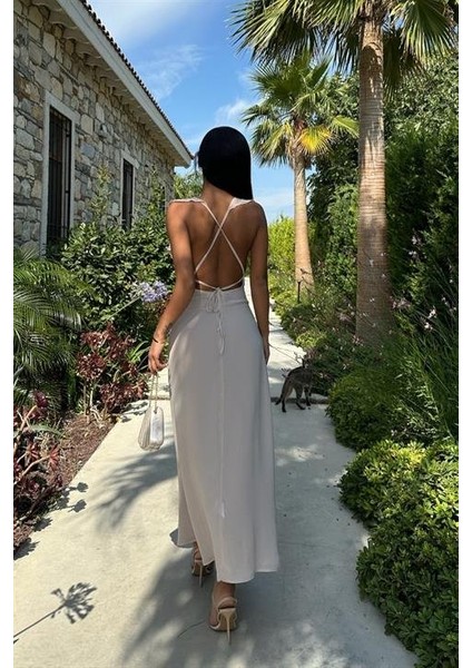 Emaline Sırt Dekolteli Şifon Elbise 2465-08 S-Altın fiyatları