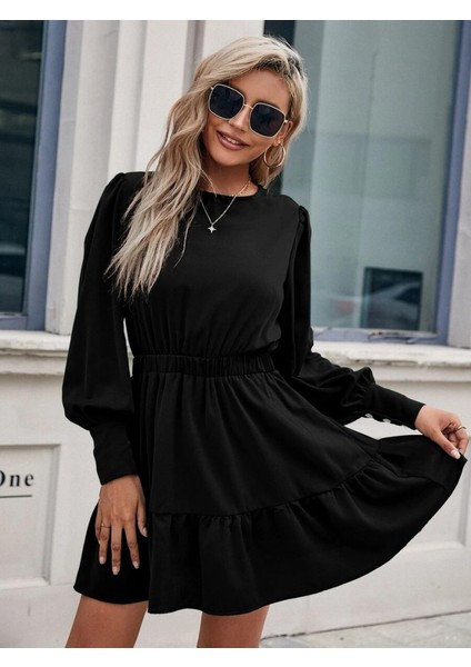 Kadın Uzun Kollu Bisiklet Yaka Beli Lastikli Fırfırlı Ithal Krep Elbise 2xl-3xl-Siyah fiyatları