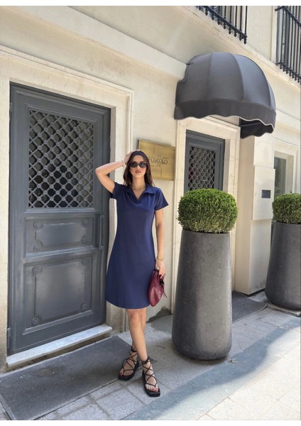 Osy Modal Yumuşak Dokulu Kumaş Yakalı Kısa Kollu Elbise - Mavi Mavi-L