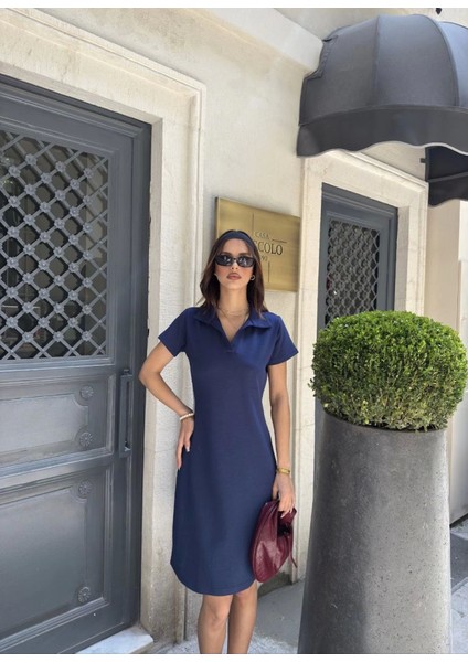 Osy Modal Yumuşak Dokulu Kumaş Yakalı Kısa Kollu Elbise - Mavi Mavi-L modelleri