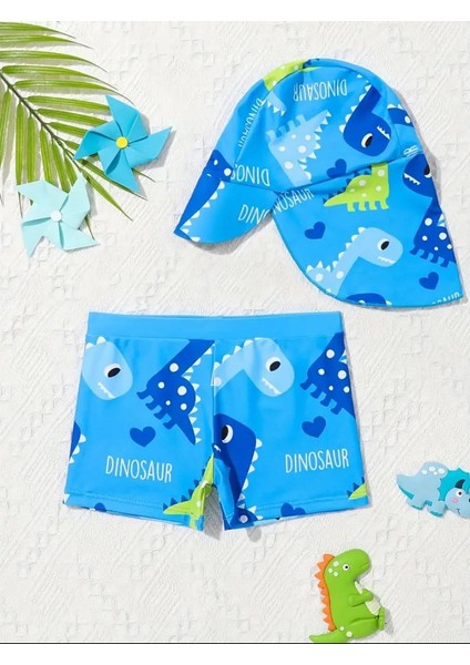 Erkek Çocuk Dinozor Desenli 2’li Mayo Seti – Şort ve Güneş Korumalı Şapka