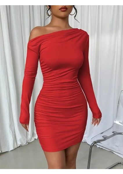 Kadın Uzun Kollu Tek Omuzu Açık Yanlardan Büzgülü Kısa Sandy Elbise 2xl-3xl-Kırmızı fırsatları