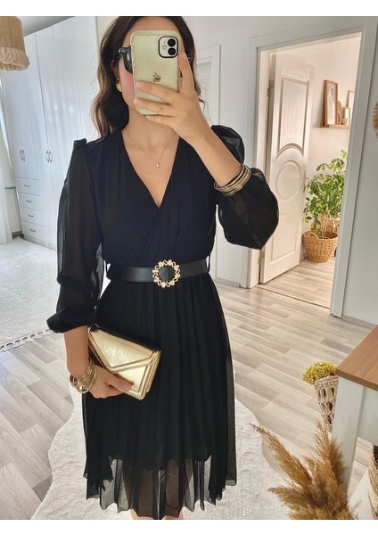 Kadın Şifon Kumaş Astalı Kloş Kesim Kruvaze Yaka Midi Boy Elbise 3xl-Siyah