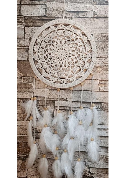 Düş Kapanı Makrome Dreamcatcher Ekru Kuş Tüyü Rüya Kapanı Duvar Süsü Elişi