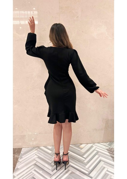 Kadın Uzun Kollu Bisiklet Yaka Önden Volanlı Ithal Krep Elbise 2xl-3xl-Siyah modelleri