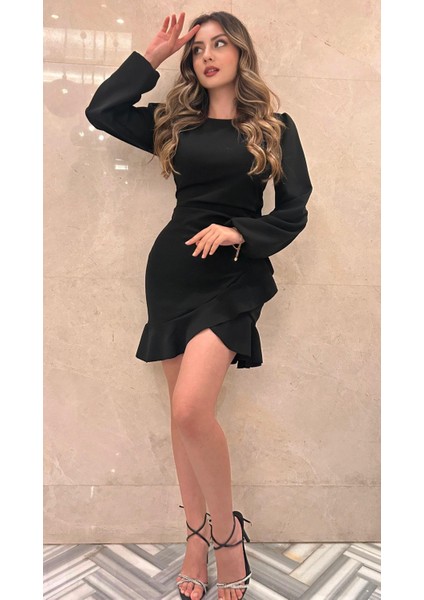 Kadın Uzun Kollu Bisiklet Yaka Önden Volanlı Ithal Krep Elbise 2xl-3xl-Siyah indirimleri