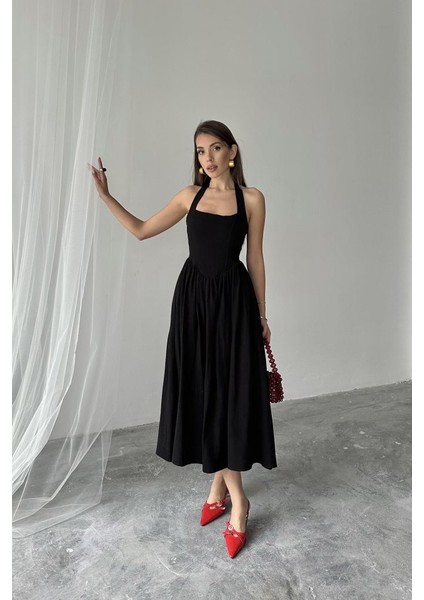 Siyah Boyundan Bağlamalı Keten Elbise M-Siyah modelleri