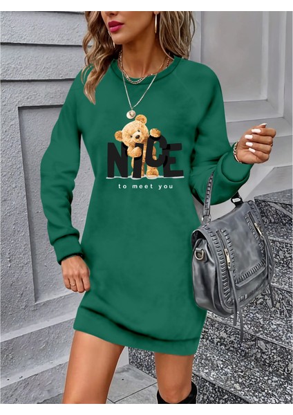 Kadın Uzun Kollu Bisiklet Yaka Ayı Desenli Viskon Iki Iplik Elbise 2xl-3xl-Yeşil modelleri