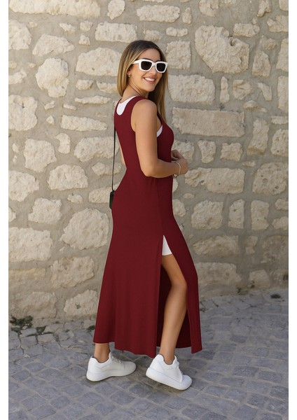 Kadın Yırtmaç Detaylı Viskon Kumaş Maxi Boy Cepli Iç Dahil Ikili Elbise 2xl-3xl-Bordo fiyatları