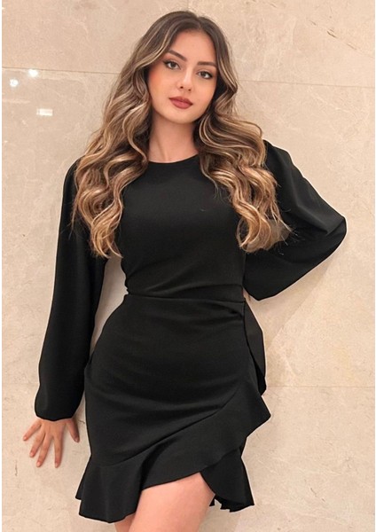 Kadın Uzun Kollu Bisiklet Yaka Önden Volanlı Ithal Krep Elbise L-Xl-Siyah fiyatları