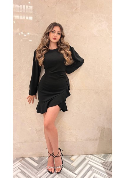 Kadın Uzun Kollu Bisiklet Yaka Önden Volanlı Ithal Krep Elbise L-Xl-Siyah fırsatları
