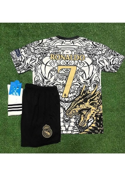 R.madridd 2023-24 Sezon Dragon Desenli Cristiano Ronaldo Çocuk Forması 3'lü Set (Black-White)