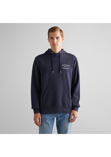 Erkek Lacivert Regular Fit Kapüşonlu Logolu Sweatshirt