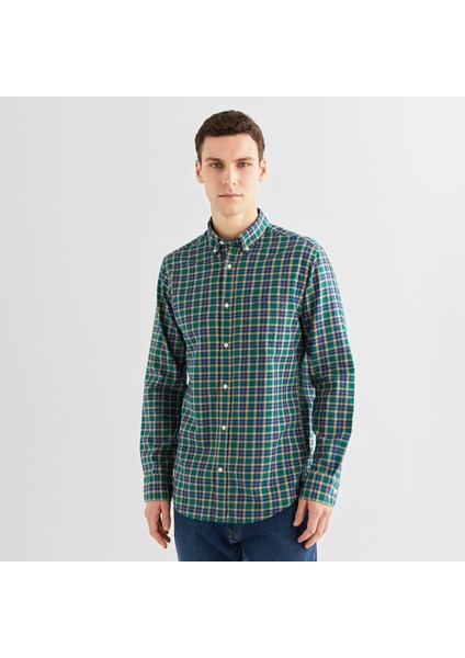 Erkek Yeşil Regular Fit Düğmeli Yaka Kareli Gömlek