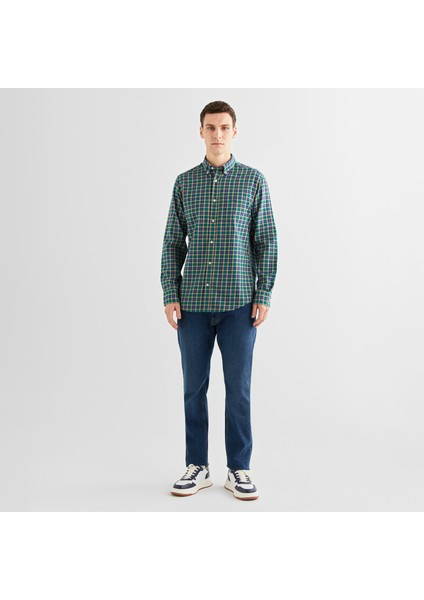 Erkek Yeşil Regular Fit Düğmeli Yaka Kareli Gömlek modelleri