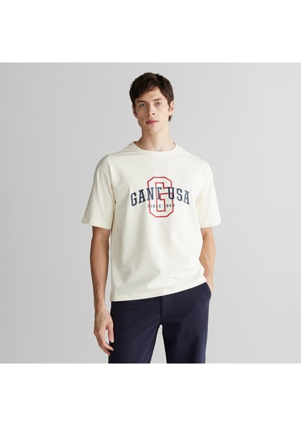Erkek Krem Regular Fit Bisiklet Yaka Logolu T-Shirt