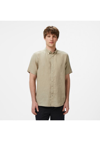 Erkek Bej Classic Fit Keten Gömlek