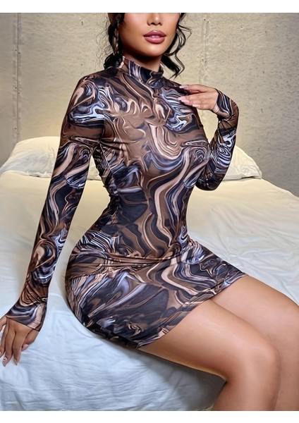 Kadın Uzun Kollu Balıkçı Yaka Desenli Dalgıç Elbise 2xl-3xl-Desenli