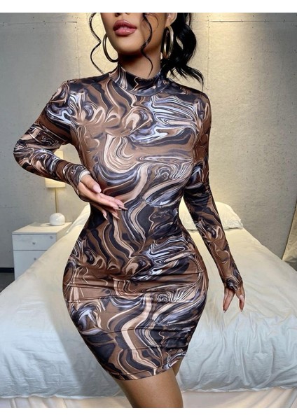 Kadın Uzun Kollu Balıkçı Yaka Desenli Dalgıç Elbise 2xl-3xl-Desenli fiyatları