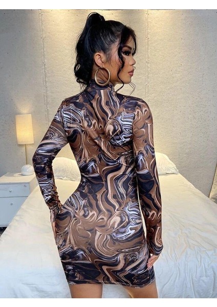 Kadın Uzun Kollu Balıkçı Yaka Desenli Dalgıç Elbise 2xl-3xl-Desenli modelleri