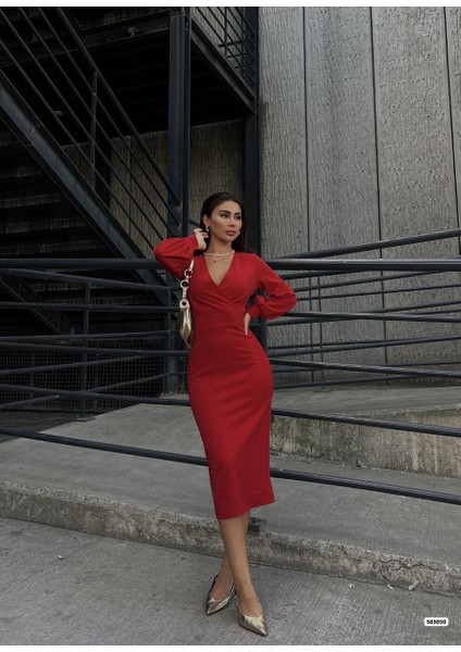 Kadın Kruvaze Yaka Balon Kol Simli Krep Kumaş Midi Boy Elbise M-Kırmızı fırsatları