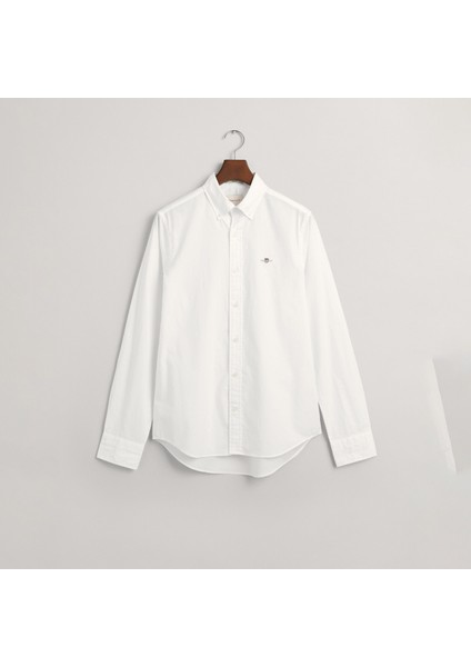 Erkek Beyaz Slim Fit Düğmeli Yaka Broadcloth Gömlek