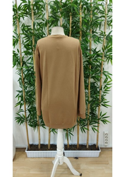 Kadın Uzun Kollu Bisiklet Yaka Kalp Desenli Kısa Viskon Elbise 2xl-3xl-Bej indirimleri