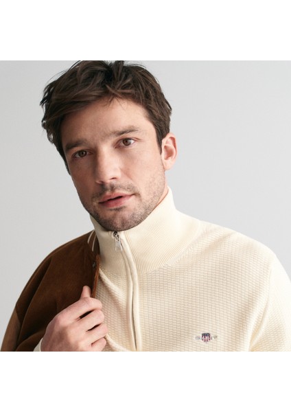 Erkek Krem Regular Fit Yarım Fermuarlı Kazak modelleri