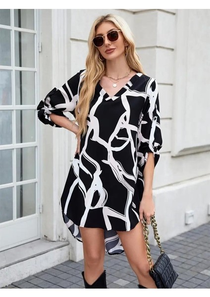 Kadın Uzun Kollu V Yakalı Desenli Dalgıç Elbise S-M-Siyah
