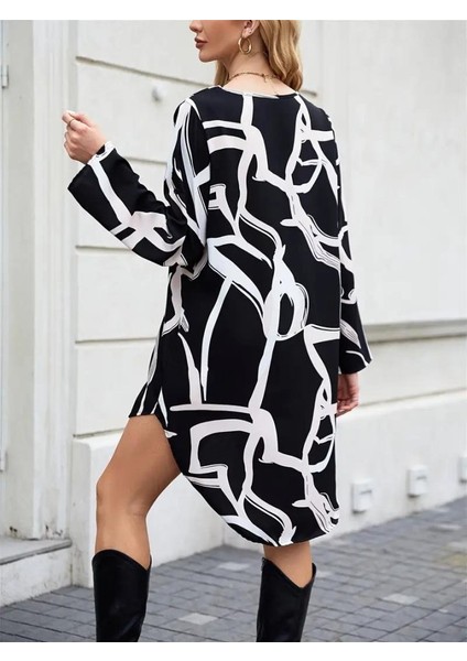 Kadın Uzun Kollu V Yakalı Desenli Dalgıç Elbise S-M-Siyah fiyatları