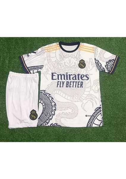 R.e.a.l Madrid 2023/24 Yeni Sezon Dragon Ejderha Desenli (Beyaz) Vini Jr Özel Çocuk Forması 3'lü Set modelleri