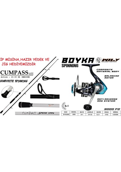 Portfish Cumpass 240CM Spin Kamış 10 - 30 gr & Wily Boyka 3000 Spin Olta Seti