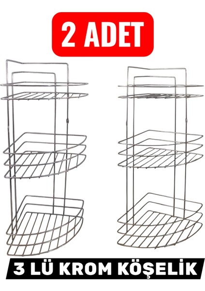 2 Adet Banyo Köşeliği 3 Lü Krom Köşelik Duş Rafı Şampuanlık Paslanmaz