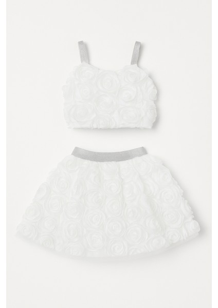 Kız Çocuk Beyaz 3D Çiçekli Detaylı Etekli Takım modelleri
