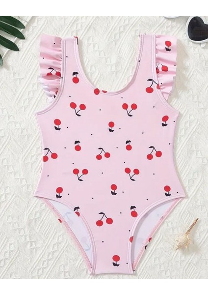 Kız Çocuk Kiraz Desenli Fırfırlı Tek Parça Mayo – Pembe